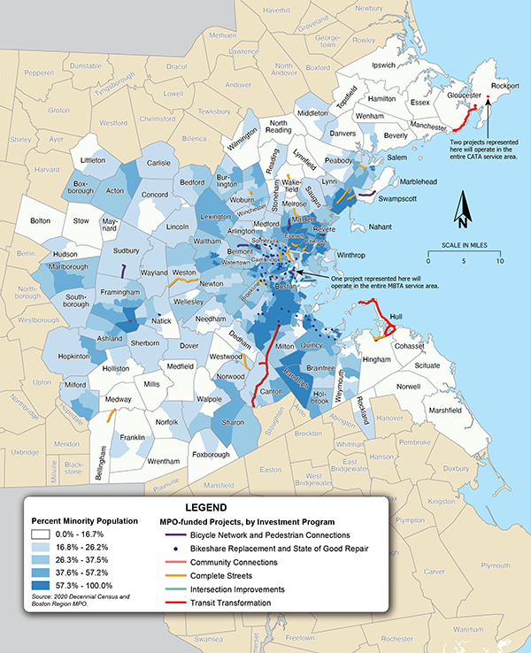 Figure 5-1 shows the percent of the minority population in Boston region Census tracts, overlaid with MPO-funded projects in the TIP.
